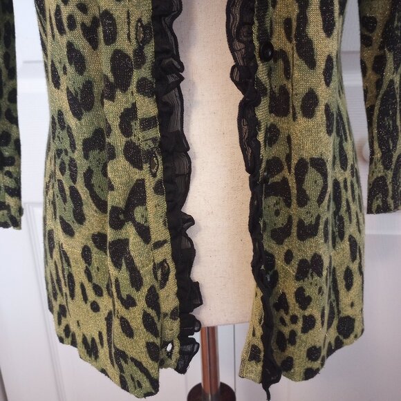 Awesome Green Black Animal Print Lurex Cardigan sz M Chiffon Ruffle Front - Picture 8 of 9